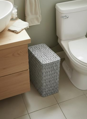 Coeusy Wicker Trash Can with Lid & Liner, Small Bathroom Waste Basket, Grey - color: grey