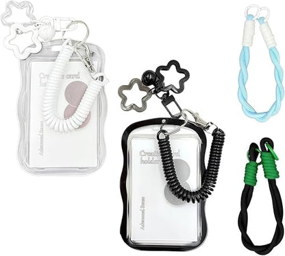 AZY 2-Piece Photocard Holder Keychain Set – White & Black Silicone Keychains with Spring Rope & Twisted Hand Strap for Kpop Photos, Cards & Keys - color: Black
