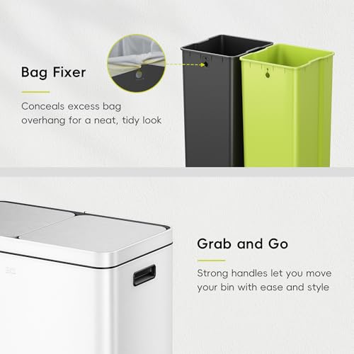 EKO Edison 8+8 Gallon Dual Trash Can for Recycling and Trash, Stainless Steel Kitchen Step Can with Dual Removable Inner Bucket, Independent Lids and Pedals, White - color: Matte White, size: 30L+30L