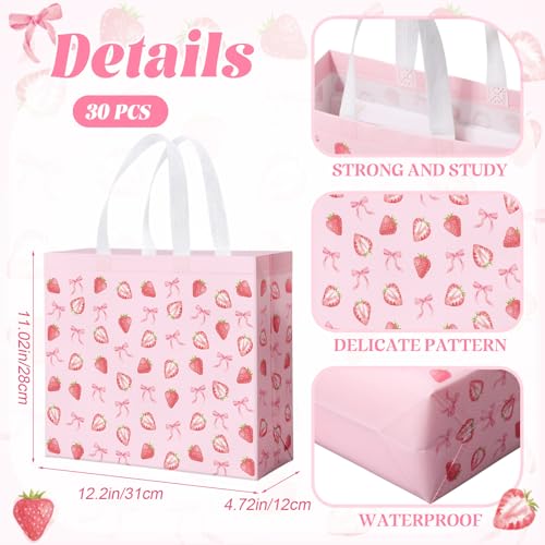 Abbylike 30 Pcs Strawberry Bow Gift Bags Reusable, Large Tote with Handle - style: Strawberry Bow