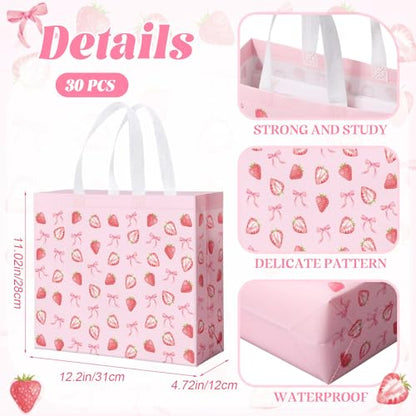 Abbylike 30 Pcs Strawberry Bow Gift Bags Reusable, Large Tote with Handle - style: Strawberry Bow