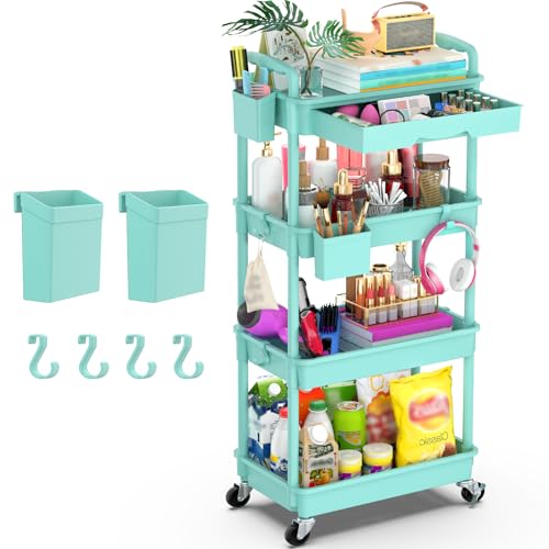 Goovilla 4 Tier Rolling Utility Cart Organizer with Removable Drawer, Blue - size: 4 Tier, style: Blue