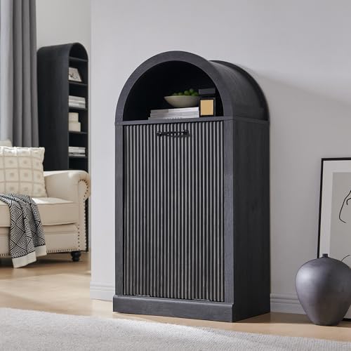IFGET Arched Tilt-Out Trash Can Cabinet, Fluted 10 Gallon Trash Can with Open Shelf, Modern Laundry Hamper Cabinet, Hidden Garbage Can with Storage Basket for Kitchen, Living Room, Dark Grey - color: Dark Grey