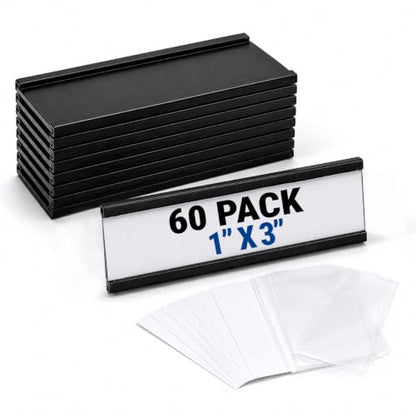 60 Pack Magnetic Label Holder 1x3 Inch - Magnetic Labels for Shelving, File Cabinet & Locker Name Plates - Magnet Labels for Steel Shelves & Racks - Includes Paper Inserts & Clear Plastic Protectors - size: 3" x 1"