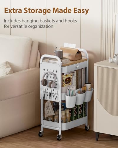 ALVOROG 3 Tier Metal Rolling Cart with Drawer,Wood Top,Pegboards,White - color: White