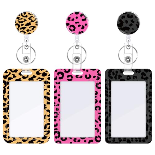 3 Pack Leopard Id Badge Holder with Retractable Reel and Clip - color: Leopard