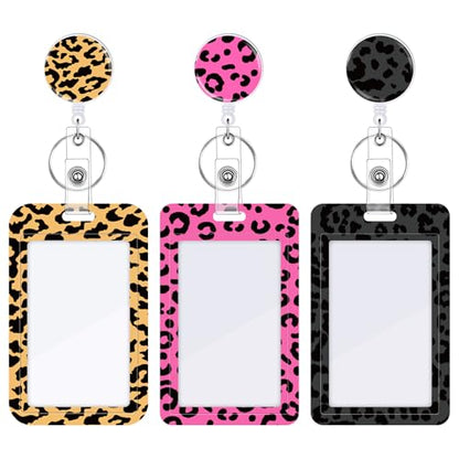 3 Pack Leopard Id Badge Holder with Retractable Reel and Clip - color: Leopard