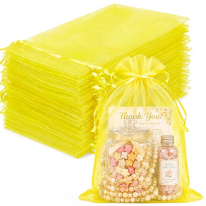 FUNFERY 100PCS Lemon Yellow Sheer Organza Bags 5x7 in, Goodie Bags Bulk - color: Lemon Yellow