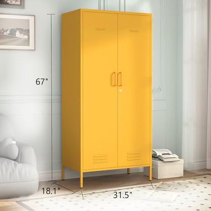 Metal Armoire Wardrobe Closet, 67" Tall Yellow Lockable Wardrobe Cabinet with 2 Doors, Hanging Rod and Adjustable Shelves, Steel Clothing Storage Cabinet for Bedroom, Home, Cloak Room, Gym, Office - color: Mustard, style: Wardrobe-67"H-JS