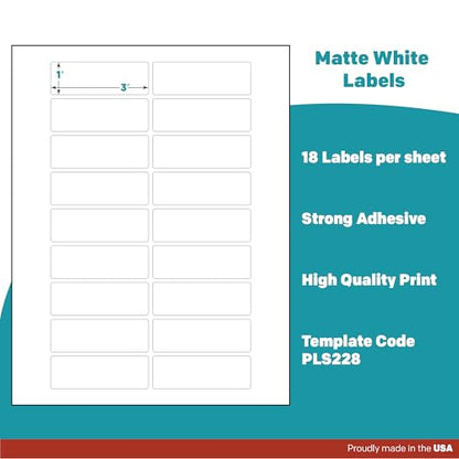 Premium Label Supply White Sticker Address Labels – 3" x 1" – Laser/Inkjet Compatible – (18 per Sheet), 25 Sheets – 450 Total Adhesive Labels - size: 450 Labels
