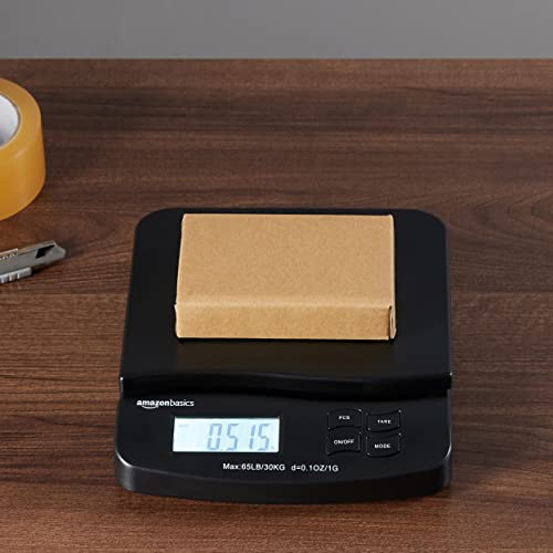 Amazon Basics Digital Postal Shipping Scale with Tare Function, AC Adapter, 65 lb Capacity, 0.1 oz Readability, LCD Display, Black - size: 65 pound