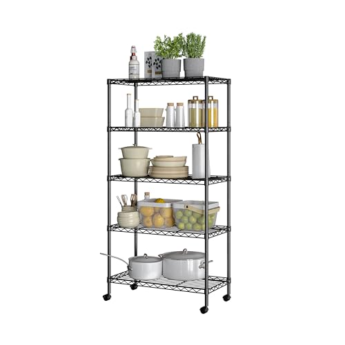 5-Tier Steel Wire Shelving, 30" W x 14" D x 61.5" H, Black - color: Black, size: 5-Tier, 30" W x 14" D x 61.5" H