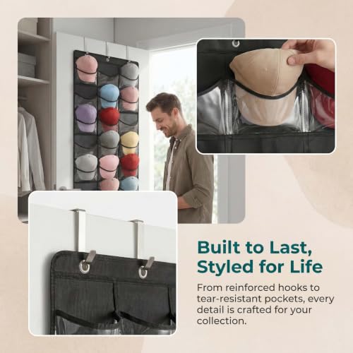 Baseball Cap Rack, Door-Mounted Cap Rack, Wall-Mounted Cap Rack, 24 Pockets, Polyester