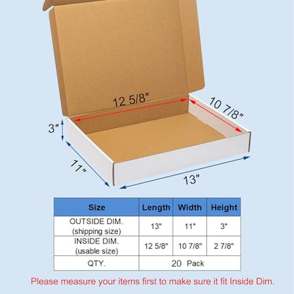 Wowxyz White Shipping Boxes 13x11x3" 20 Pack Corrugated Cardboard Box - size: 13x11x3"