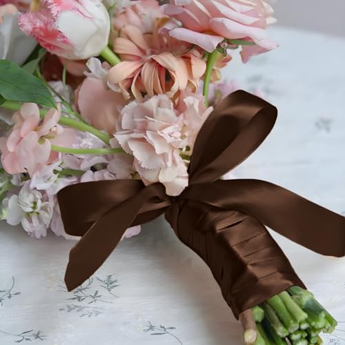 Dark Brown Satin Ribbon - 1 Inch x 25 Yards, Wedding Bouquet Ribbon in Pink Silk, Silky Polyester Shiny Fabric for Hair, Gift Wrapping, Flower Bouquets, Crafts, Sewing - color: Dark Brown, size: 1 Inch x 25 Yards