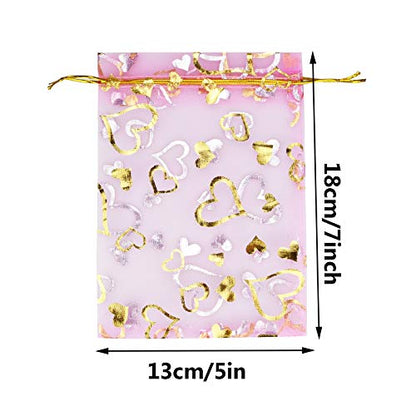 100PCS Heart Printed Organza Bags Gift Jewelry Candy Bags for Wedding Valentine's Day Mother's Day Party Christmas 5x7Inch - color: Pink