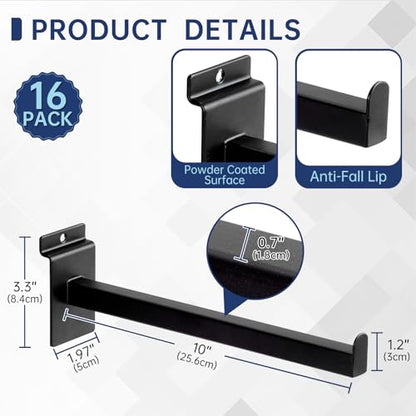 16 Pack Heavy Duty Tube Slatwall Shelf Brackets, Metal Tubular Slat Wall Brackets with Lip, Slatwall Accessories for Garage, Retail, and Home Storage - size: 10 Inch, style: Black