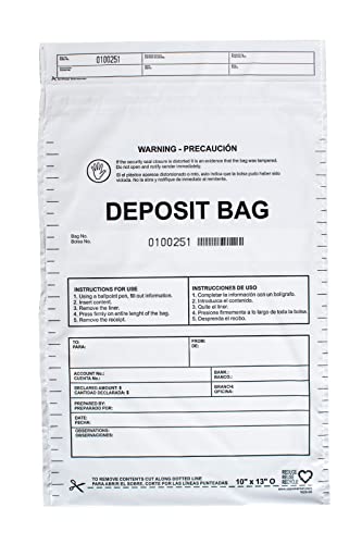 Opaque Plastic Deposit Bags 10"x13" | Secure Bank Deposits, Cash Handling or Safe Currency Transportation | Sequential Barcodes | Tamper-Evident, Tear-Off Receipt for Security | 100-Pack