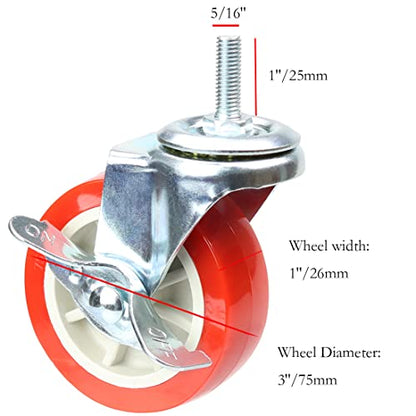 Caster Wheels, Heavy Duty Casters Threaded Stem Casters No Noise Swivel Casters Locking Castor Wheels for Funiture, Workbench, Carts (3 Inch, Imperial Size 5/16''-18×25mm) - style: 5/16''-18×25mm-Red