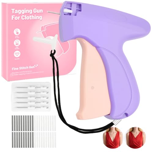 AKEEH Purple and Pink Handheld Stitch Gun for Clothes - Clothing Label Gun - Mini Sewing Kit - Includes 6 Needle,2000 Black Fasteners & 2000 White Fasteners on Pants Skirts Dresses and Sleeves - color: Purple/Pink