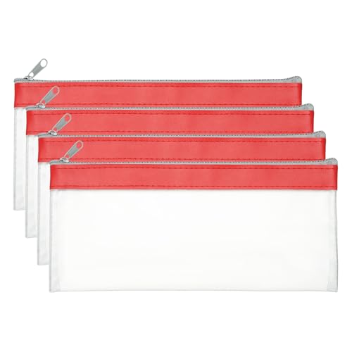 PATIKIL 8.7x3.9 Inch Money Bags with Zipper, 4 Pcs Clear PVC Cash Deposit Bank Pouch Envelopes Makeup Bag Check Wallet for Coin Cosmetics Bill, Red - color: Red