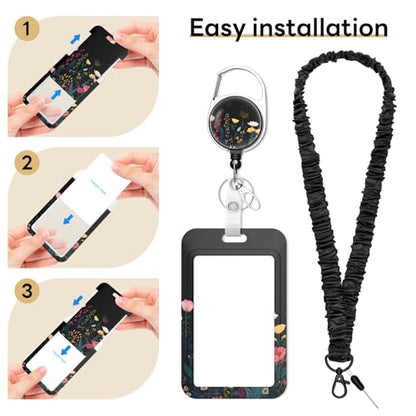 3 Pack ID Card Holder with Detachable Lanyard, Black Flowers - color: Black Flowers