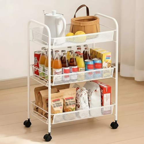 Storage Carts 3-Tier, Metal Utility Rolling Cart, White - color: White