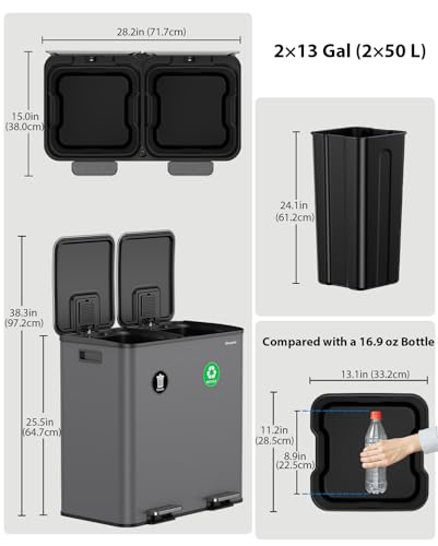 Dual Trash and Recycling Bins for Kitchen, 2×13 Gallon (2× 50L) Stainless Steel Trash and Recycle Bin Combo with Soft-Close Lid, Large Garbage Cans for Kitchen Home with 2 Magnets Sticker, Gray - color: Gray