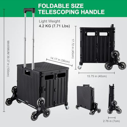 MACOPRO Foldable Utility Cart with Stair Climbing Wheels, Collapsible Rolling Crate with Telescoping Handle, Folding Shopping Trolley Handcart Grocery Book File Tool Teacher Storage Basket (Black) - color: Black