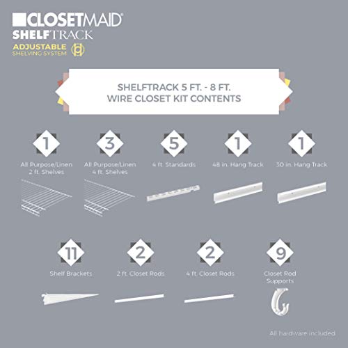 ClosetMaid ShelfTrack Wire Closet Organizer System, Adjustable from 5 to 8 Ft., with Shelves, Clothes Rods, Hardware, Durable Steel, White - color: White, size: 5 to 8 ft