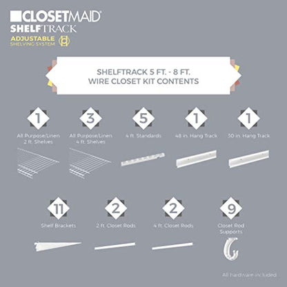 ClosetMaid ShelfTrack Wire Closet Organizer System, Adjustable from 5 to 8 Ft., with Shelves, Clothes Rods, Hardware, Durable Steel, White - color: White, size: 5 to 8 ft