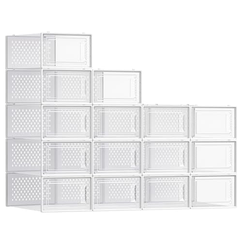 SONGMICS Shoe Boxes, Clear Plastic Sneaker Box, Pack of 15 - color: Transparent + White, size: L-15pcs