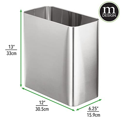 mDesign Stainless Steel Slim Rectangular Modern Metal 2.6 Gallon/10 Liter Trash Can Wastebasket, Garbage Container Bin for Bathroom, Bedroom, Kitchen, Home Office; Holds Waste, Recycling - Chrome - color: Brushed
