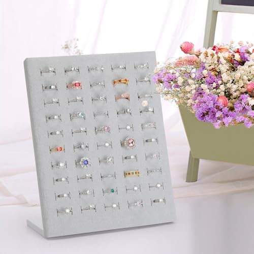KUKUVR Velvet L-Shaped 50 Slots Ring Earring Holder Display Stand (Grey) - color: Grey