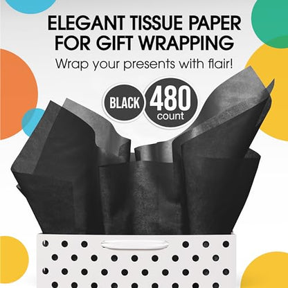 Party Solids Black Tissue Paper for Gift Bags 15" X 20" 480 Sheets - color: Black, size: 15" X 20"
