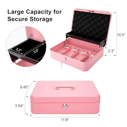 Jssmst Metal Cash Box with Money Tray and Lock, Portable Cash Drawer, 11.8" - color: Pink Key