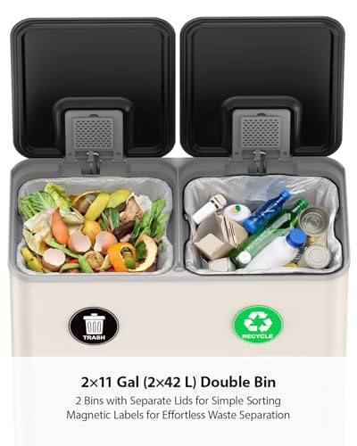 Lovewind Dual Trash and Recycling Bins for Kitchen, 2 * 11-Gallon Stainless Steel Double Trash Can, Step-On Garbage and Recycle Combo, Quiet Close, Pet-Proof, Compatible with 13-Gallon Bags, Apricot - color: Apricot, size: 2 x 11 Gallon