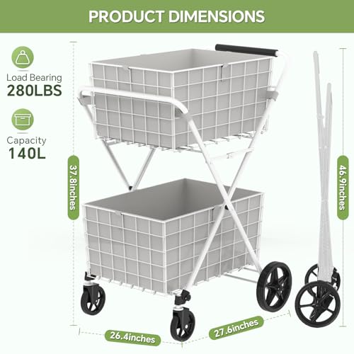 JIALIJIU 2-Tier Shopping Cart for Groceries with 360° Rolling Wheels - size: Jumbo-White 2 Tier