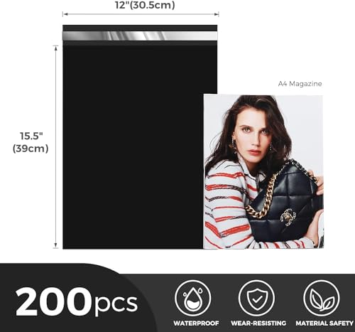 Metronic Poly Mailers 12x15.5 200 Pack Shipping Bags for Clothes Black - color: Black, size: 12x15.5 200PC