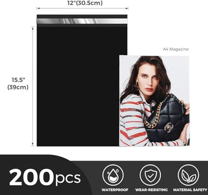 Metronic Poly Mailers 12x15.5 200 Pack Shipping Bags for Clothes Black - color: Black, size: 12x15.5 200PC