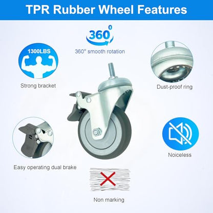 4 inch Swivel Caster Wheels Heavy Duty with Nylon Brake, 1/2" x13-1-1/2 Threaded Stem Casters Set of 4, TPR Rubber Wheels for Hospital, Lab, Furnitures,Restaurant - color: Grey TPR, size: 1/2"-13x1-1/2", style: 4 PA brake