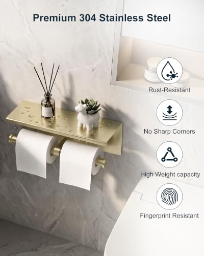 Double Toilet Paper Holder with Shelf Brushed Gold Large Tissue Roll Holder - color: Brushed Gold