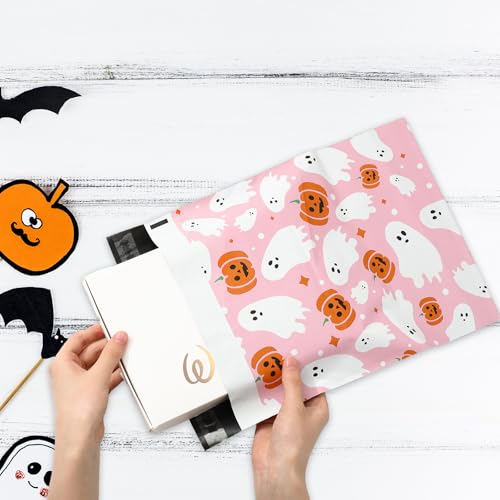 JarThenaAMCS 100Pcs Halloween Poly Mailers 14.5 x 19 Inch Pink Ghost Pumpkin Packaging Bags Large Self Seal Mailing Envelope Bags for Small Business Clothing Gift - size: 14.5 x 19 Inch