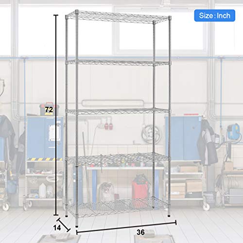 BestOffice | 5-Tier Wire Shelf | 36" x 14" x 72" | Chrome - color: Chrome, size: 36"D x 14"W x 72"H