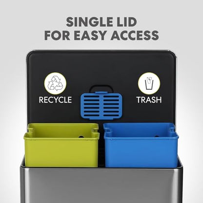 Simpli-Magic 16 Gallon (60L) Step Trash Can – Dual Compartment Kitchen Garbage Can – Waste & Recycling Bins, Slow-Close Lid, Odor Control, Hands-Free, Easy to Clean, Infinity Edge Stainless Steel - size: 60 L
