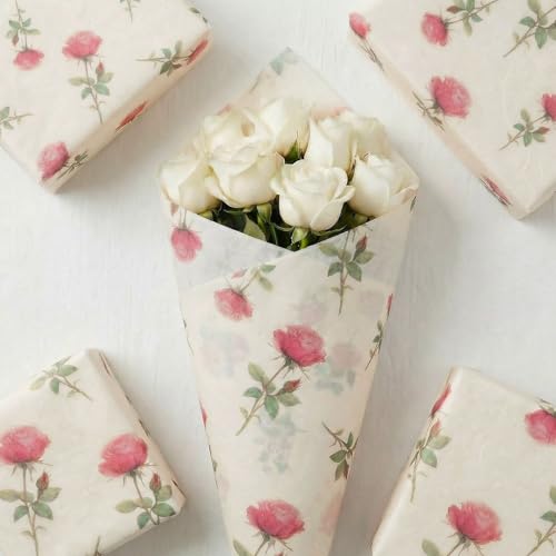 UNIQOOO 100 Sheets Rose Flower Tissue Paper, Cream Rose Gift Wrapping Paper for Wedding, DIY Craft Tissue for Birthday Bridal Shower, 20 x 14 Inch - color: Cream Rose(100 pack)