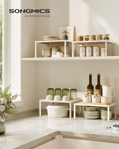 SONGMICS Set of 2 Metal Spice Racks, Stackable Expandable Shelf Risers - color: Oatmeal Beige, size: 2 Tiers (9"D x 12.6"W)