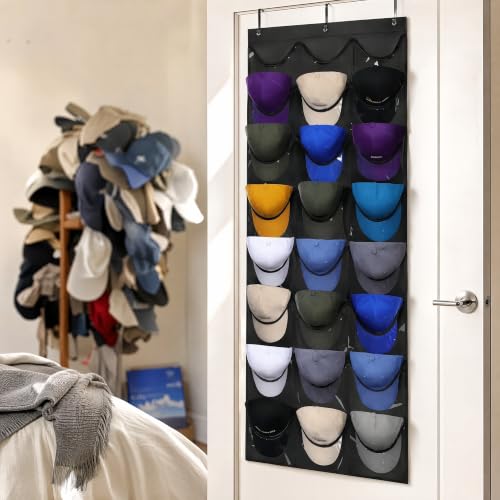 Baseball Cap Rack, Door-Mounted Cap Rack, Wall-Mounted Cap Rack, 24 Pockets, Polyester