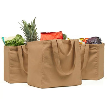 VeraMia Canvas Grocery Bag 3pc XL Set with Real Pockets, Long Shoulder Strap and Short Handle. Heavy Duty, Foldable, Washable - color: Paper Bag