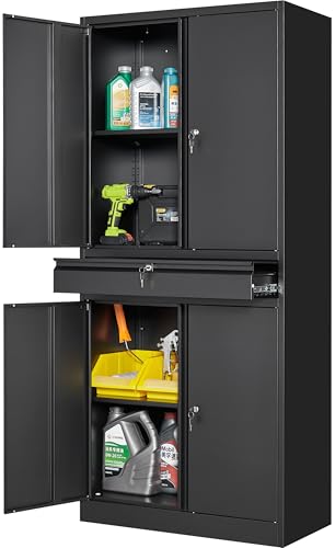 SISESOL Metal Garage Storage Cabinet with Drawer and Lock,Black Metal Storage Cabinet with Locking Doors and Adjustable Shelves,71" Tall Large Steel Tool Cabinets for Home,Office,Garage,Shop - color: Black, size: 71"H x 31.5"W x 16"D
